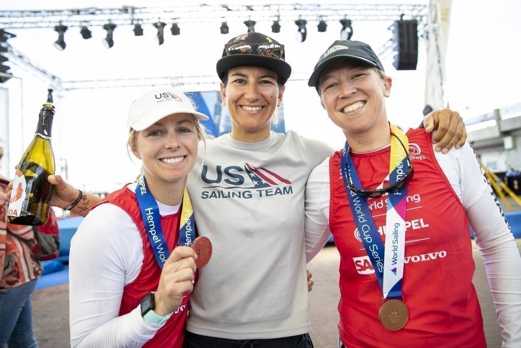 HWCS Genoa Bronze Medalists, Steph Roble and Maggie Shea (49erFX) with coach Giulia Conti