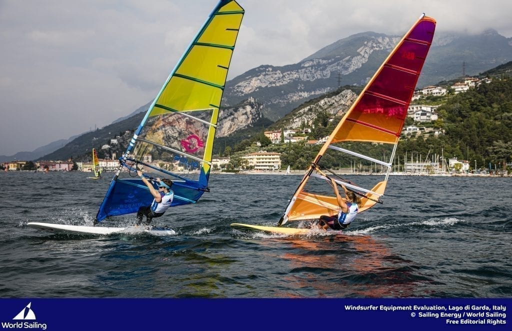Farrah Hall (left) at the 2024 Windsurfing Equipment Sea Trials sailing the Glide